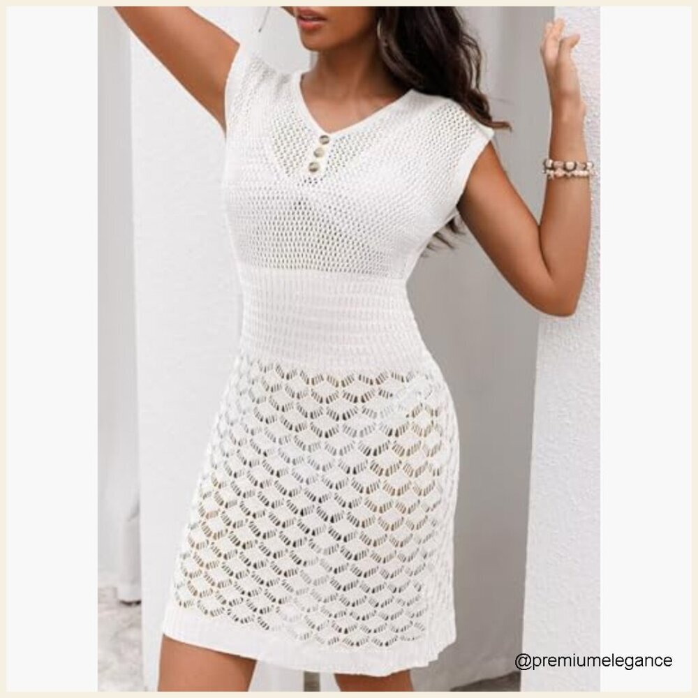 Crochet Mesh Swim Cover Up Fit Flare V-Neck Short Sleeve Beach Dress - Picture 2 of 6